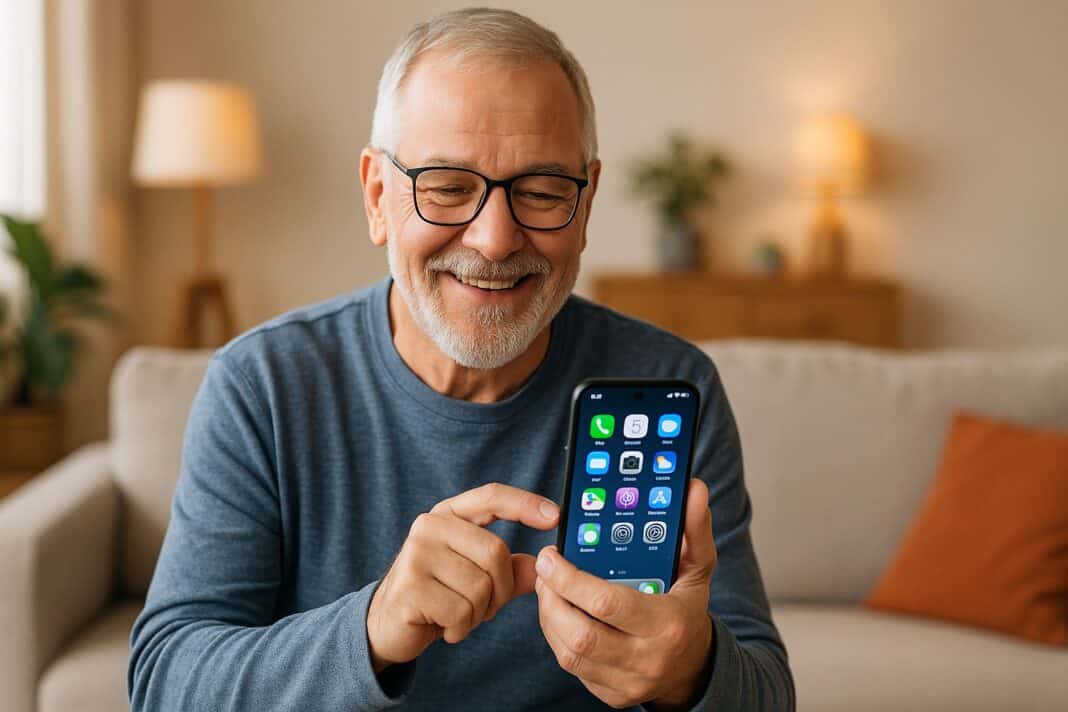 Stolz auf die Ordnung: Opa zeigt seinen Smartphone-Startbildschirm