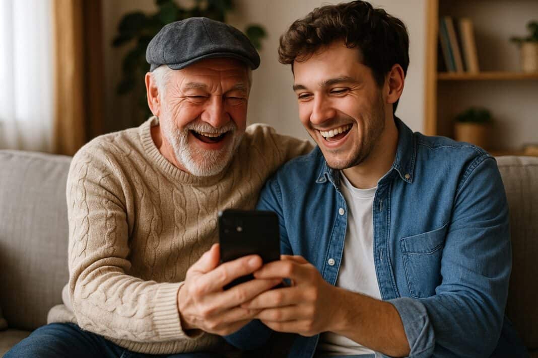 Opa und Enkel lachen gemeinsam über TikTok-Videos