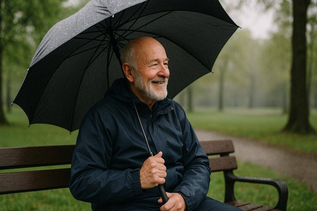 Opa mit Schirm auf Parkbank – Montagsritual bei jedem Wetter