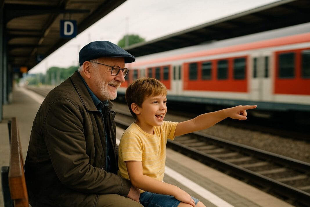 Große Augen am Bahnsteig: Opa und Enkel zählen Züge.